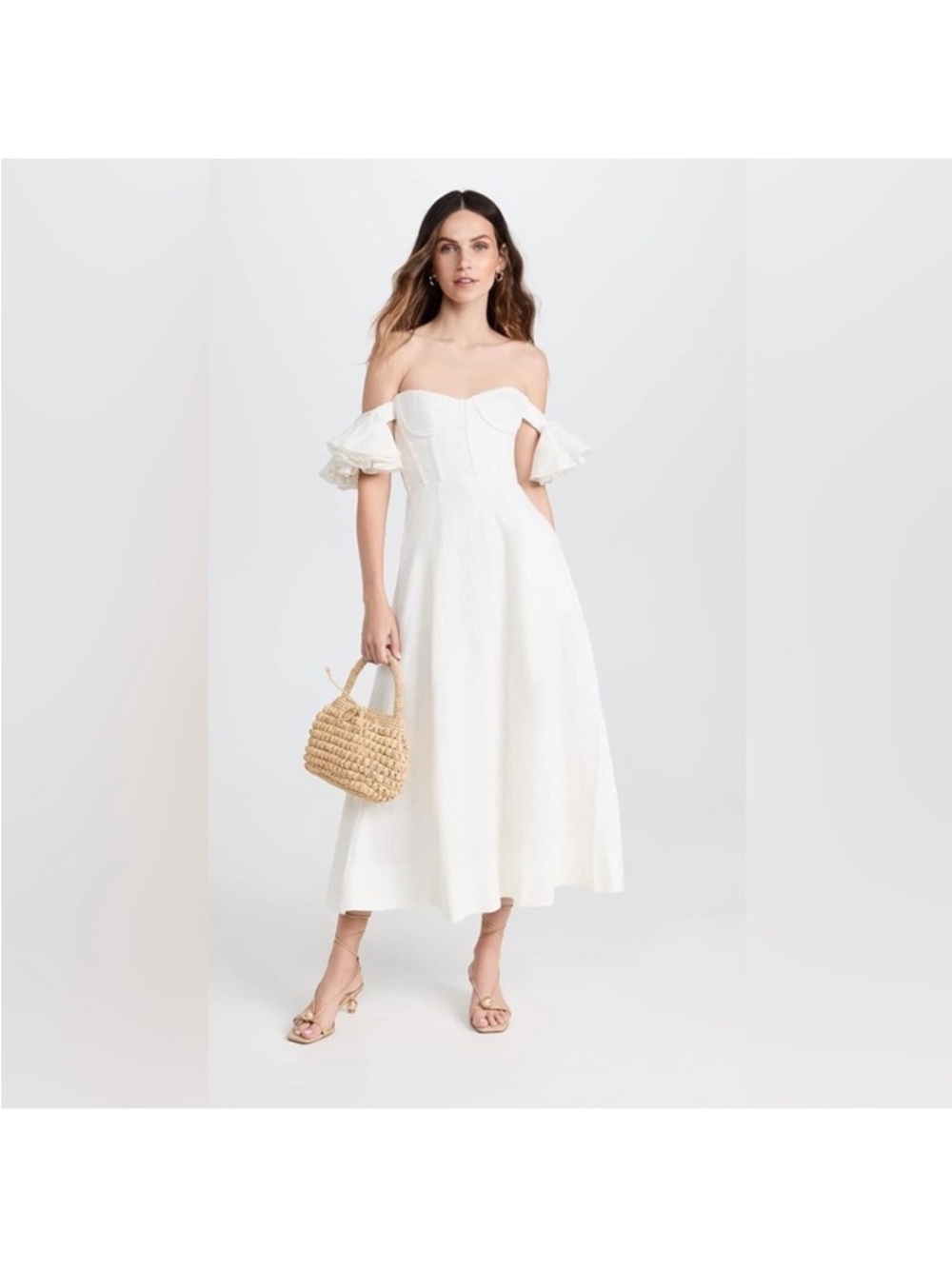 Bardot White Strapless Midi Dress with Puff Sleeves